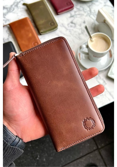 Leo Antik Kahve Unisex Hakiki Deri Telefon Bölmeli Cüzdan Kahverengi