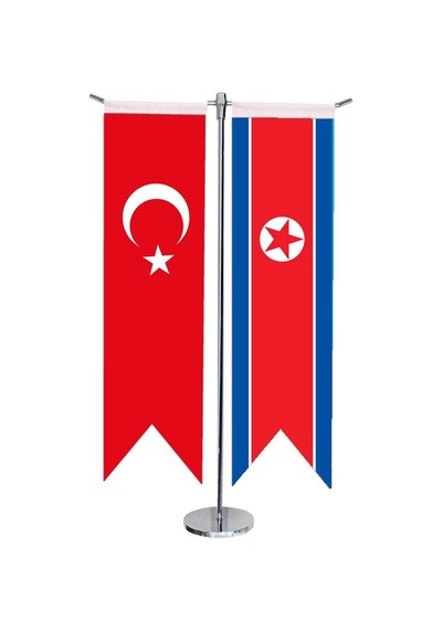 Masa Üstü Kırlangıç Kuzey Kore + Türk Bayrağı + Krom T Direk Masa