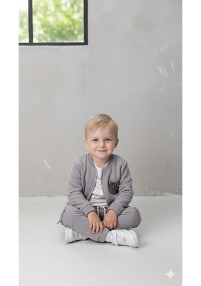 Bontino Erkek Çocuk Sweatshirt, Hırka Ve Pantolonlu %100 Pamuk 3'lü Spor Takım Gri