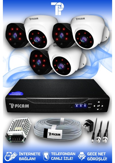 Picam 6 Kameralı Uzay 3 İç Kamera Set HDD'siz Full HD Gece Görüşlü Güvenlik Kamerası Sistemi