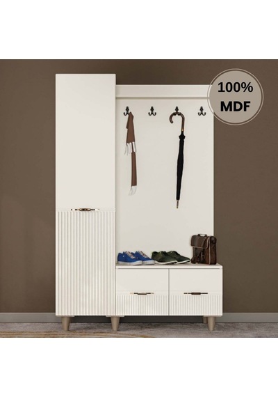 Menekşe Mdf Raflı Askılıklı Ayaklı Tasarım Portmanto Ayakkabılık Krem