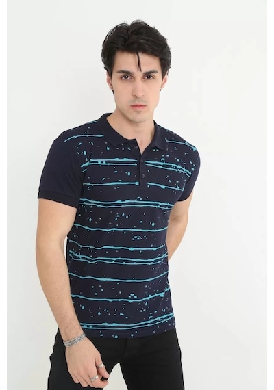 Erkek Yakalı Slim Fit Pike Çizgili T-shirt - Lacivert 001