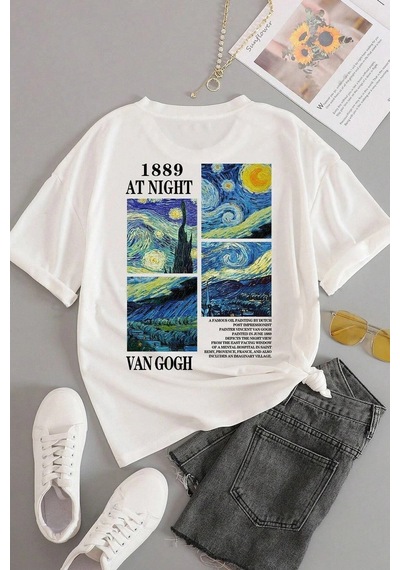 Startmore Unisex Van Gogh Baskılı Oversize Beyaz