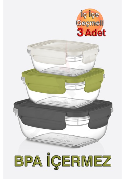 Fresh Box Kilitli Dikdörtgen Saklama Kabı 400,800,1400 Ml Üçlü Set Karışık