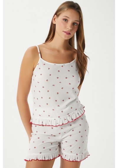 Ritnice Kadın Paula Kiraz Desen Fırfır Şortlu Pijama Takımı Kırmızıbeyaz