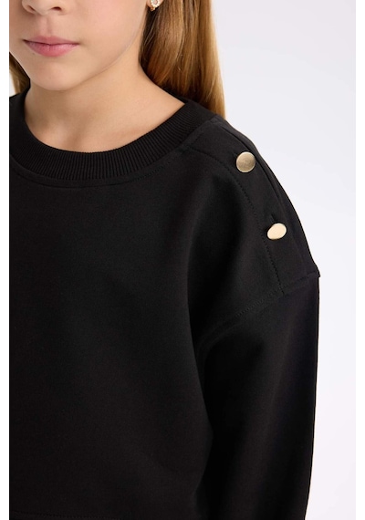 DeFacto Kız Çocuk Relax Fit Bisiklet Yaka Etek Ucu Detaylı Sweatshirt D0703A824AUBK81 Siyah