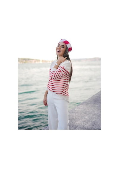 Styleboom X Peraluna Audrey Pullover Omzu Düğmeli Çizgili Organik Pamuk Mevsimlik Kadın Triko Kazak Ekru/kırmızı-ekru Ekru