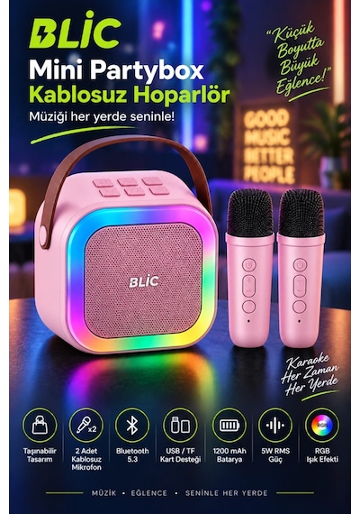 Blic Bls-97 Partybox Çift Kablosuz Mikrofonlu Rgb Led Işıklı Taşınabilir Bluetooth Karaoke Hoparlör Pembe-14931