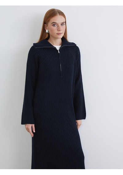 Lcw Modest Lacivert Polo Yaka Triko Elbise