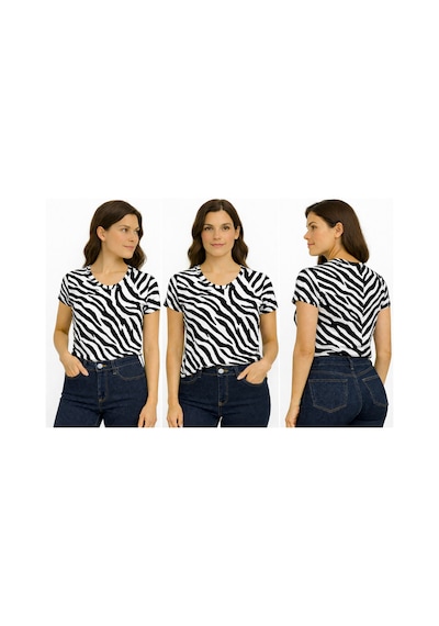 İngegno Body Bisiklet Yaka Kısa Kol Viskon Örme Kumaş Body Zebra Desen Beyaz - Siyah