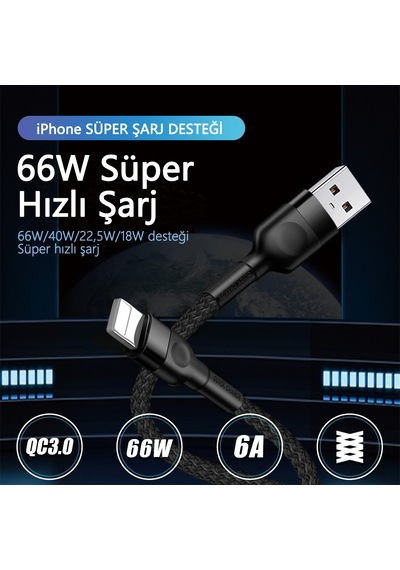 66w Süper Hızlı Şarj Kablosu 1 Metre Usb Apple Bağlantı 6a Akım Yüksek Yoğunluklu Dokuma apple 1m Black