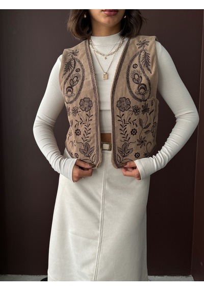 Verymoda Fitili Kadife Nakışlı Yelek Vmf2010 VİZON