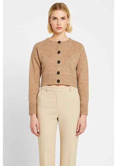 Benerly Kadın Oversize Düğmeli Crop Triko Hırka Yumuşak Dokusuyla Ve Raha Bej
