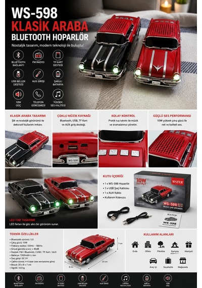 Ws-598 Klasik Araba Tasarımlı Bluetooth Hoparlör Fm Radyo, Usb, Tf Kart Kırmızı - 913603158