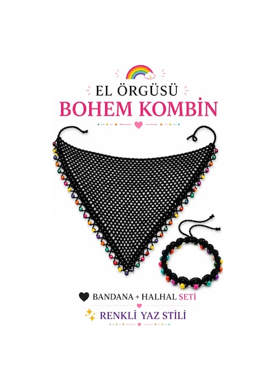 Kadın El Örgüsü Üçgen Bandana Halhal Ayak Bilekliği Hediyeli Bohem Yazlık Saç Bandanası Plaj Tatil Festival Aksesuarı Siyah