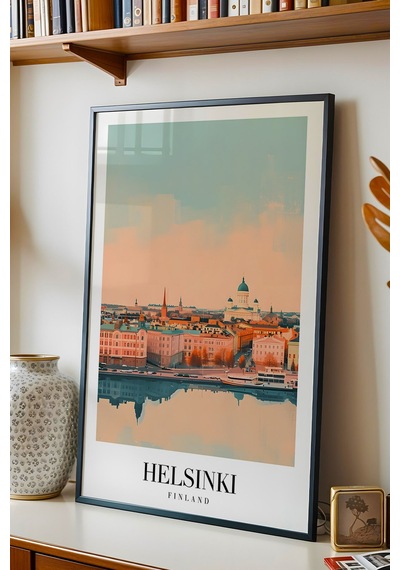 Helsinki Finland Vintage Seyahat Posteri Çerçeveli Tablo - Premium İskandinav Elit Duvar Dekoru Siyah