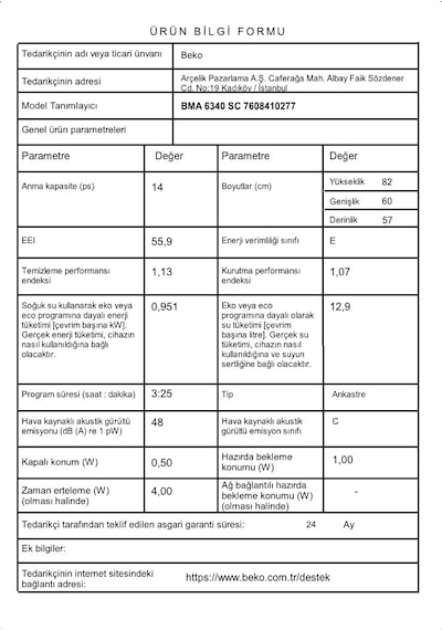 Beko BMA 6340 SC 6 Programlı 14 Kişilik Ankastre Bulaşık Makinesi