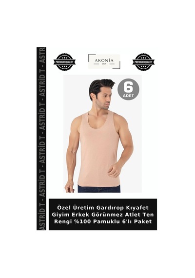 Astrid T Özel Üretim Gardırop Kıyafet Giyim Erkek Görünmez Atlet Ten Rengi %100 Pamuklu 6'lı Paket Ten-6