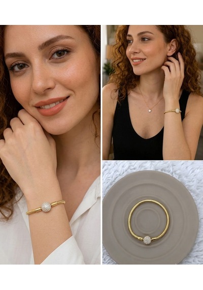 Premium Gold Renk Yuvarlak Model Parlak Taşlı 316l Detaylı Charm Bileklik - 18cm Uzunluk Altın