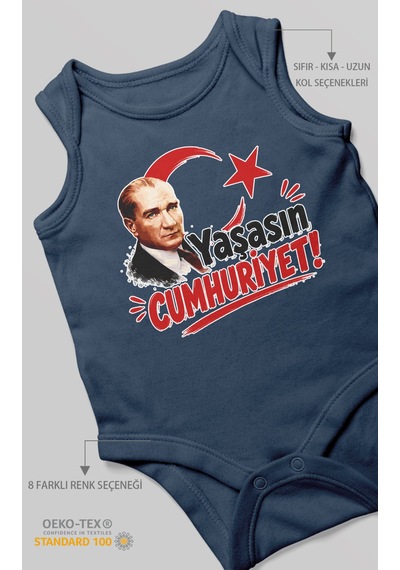 Morivokids Yaşasın Cumhuriyet Sıfır Kol Bebek Body %100 Pamuk Lacivert