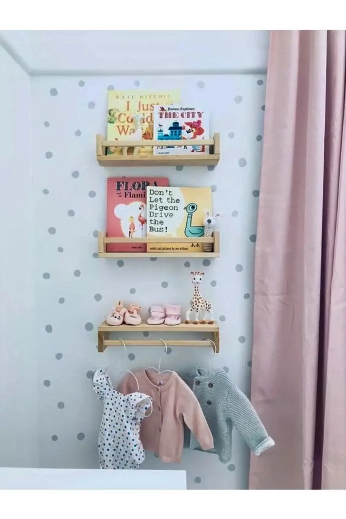 Montessori Kitaplık Çocuk Bebek Odası Rafı Ahşap Kitaplık Askılık 40 CM 3lü Ters Düz Raf