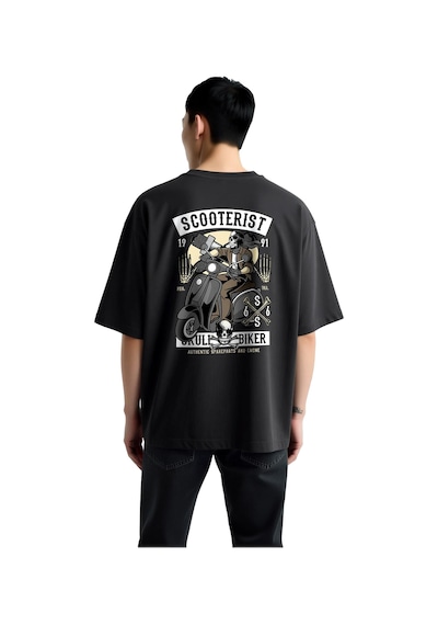 Paybuy Erkek Oversize Tişört %100 Pamuk Scooter Biker Kafatası Baskılı G Siyah