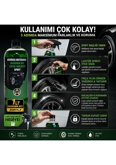 Akgüneş Motogaraj Lastik Parlatıcı Uv Korumalı, Kayma Yapmayan Profesyonel Lastik Bakım Ürünü 1 Lt