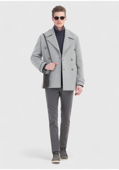 Ramsey Gri Slim Fit Kruvaze Yaka Örme Palto