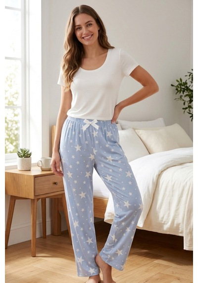 Mataş Kadın Büyük Beden Sandy Kumaş Pijama Altı Battal Boy Rahat Kesim Mavi
