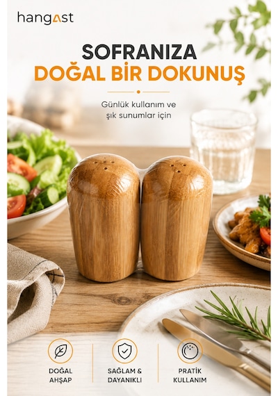 Bambu 2'li Ahşap Tuzluk Biberlik Seti Doğal Ahşap Tuz Ve Baharatlık Mutfak Masa Üstü Baharatlık Bej