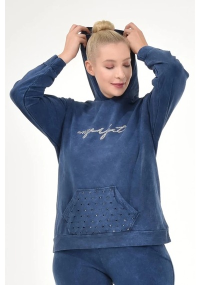 Mia Butik Kadın Büyük Beden İtalyan Yıkama Lacivert Kapşonlu Sweatshirt Lacivert