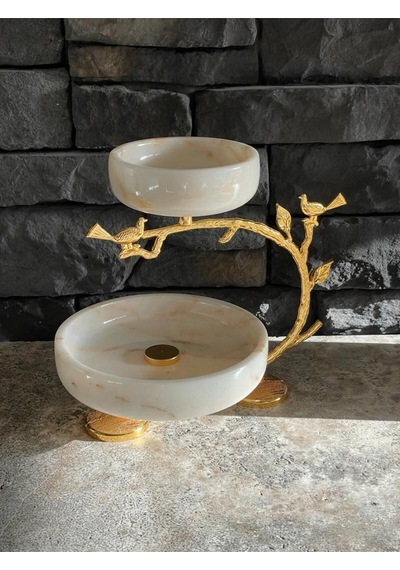 Mermer Dekoratif Gold Aksesuarlı Etajer 2 Katlı İkramlık / Sunum Beyaz