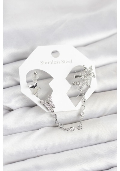Mey İthalat Pirinç Gümüş Renk Kelebek Model Zincir Bağlantılı Ear Cuff Küpe Seti çok renkli