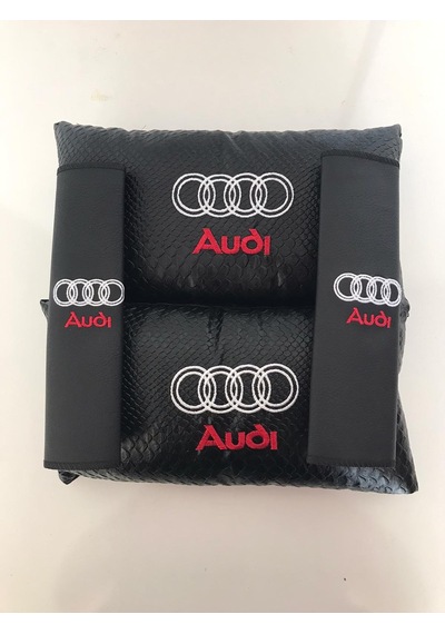 Audi Nakışlı Deri 1 Çift Boyun Yastık Ve 1 Çift Kemer Pedi Siyah