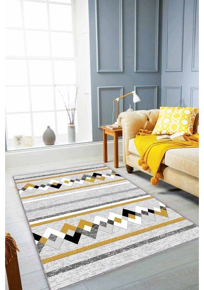Sarı Zigzag Kaymaz Tabanlı Makinede Yıkanabilir Halı Rt01n11