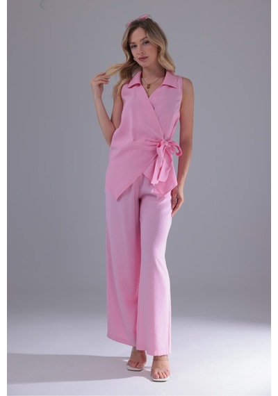 Eseclass Yandan Bağlamalı Kruvaze Model Tencel Gömlek Pembe Pembe