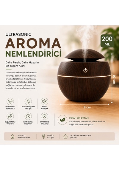 Küre Model Akasya Renk Hava Nemlendirici Ultrasonik Soğuk Buhar Makinesi, Led Işıklı