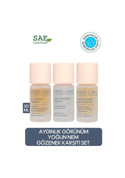 3 Lü Serum Seti C Vitamini + Niasinamid + Hyaluronik Asit 3x30 Ml - Aydınlatıcı, Gözenek Ve Nem Bakımı