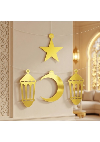 Ramazan Dekorasyon Süs Seti 4 Parça Gold Varaklı Asmalı Duvar Süsü