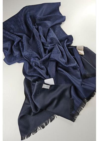 Miorel Scarfs İnce Kumaş G Desen Pamuklu Şal Yün İpek Şal 4 Mevsim Çift Taraflı Lacivert