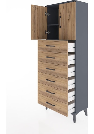 Arges Dolap 2 Raflı 6 Çekmeceli 2 Kapaklı 60x30x163 Antrasit-çam Antrasit