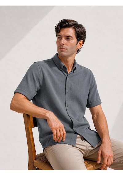 Classics Men Reeport Likralı Kısa Kol Slim Fit Çizgili Gömlek - 7640 Füme