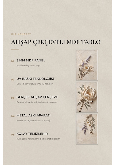 Beyaz Çerçeveli Fildişi Papatya Bahçesi 3'lü Mdf Tablo Seti Kabartma Görünümlü Bohem Çiçekli Duvar Tablosu Renk: Beyaz