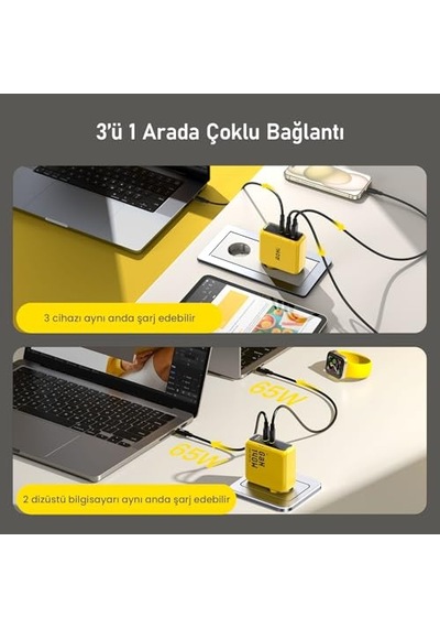 Gan Hızlı Şarj Istasyonu 3 Usb-c Ve 2 Usb-a Port Pd Qc Pps Destekli Led Ekranlı 5a Hızlı Şarj Akım Korumalı Aş