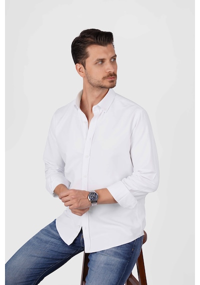 Beyaz Yaka Düğmeli Premium Şamre Slimfit Erkek Gömlek Beyaz