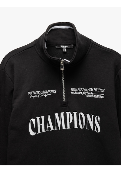 Koton Yarım Fermuarlı İşlemeli Uzun Kollu Sweatshirt Siyah 5sam70033mk Siyah