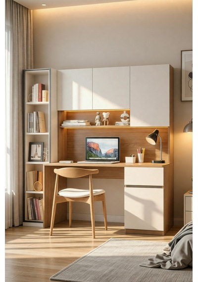 Bondy Çalışma Masası Bilgisayar Masası + Led Işıklı Cam Kapaklı Kitapiık Ceviz Beyaz