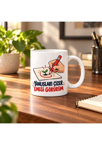 Ren.ga.renk Kırmızı Kalem Tasarımlı Porselen Kupa - Model 831 Rengaren