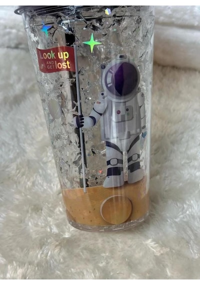 Pipetli Bardak Matara Sevimli Suluk 450 Ml Çift Astronot Figürlü Gri