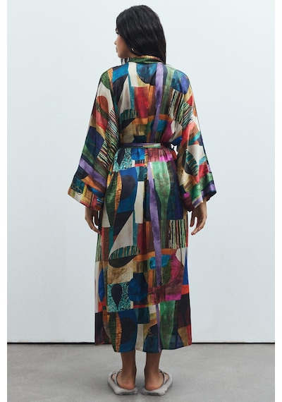 Frappant Coloré Desenli Uzun Saten Sabahlık / Kimono Çok Renkli